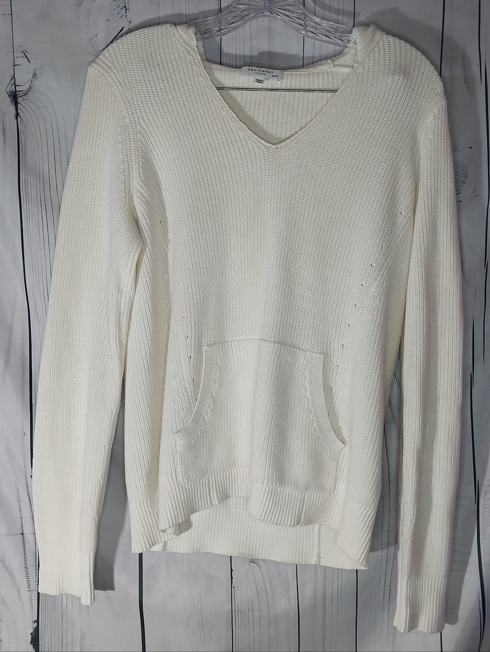 Equipment Cotton Shaker V-Neck Knit Boho Preppy Hooded Sweater with Front Pocket